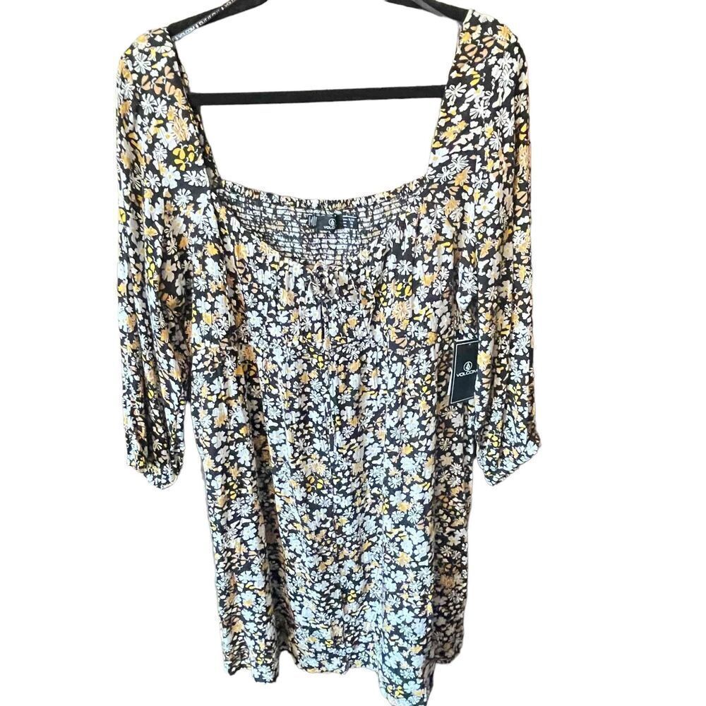 Volcom Womens Black Floral Scoop Neck Peasant Dress Size XL
